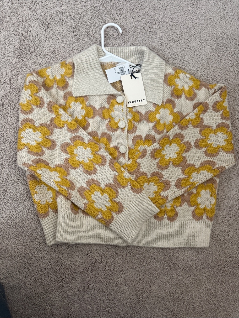 INDUSTRY Floral Collared Knit Cardigan - Cream & Mustard